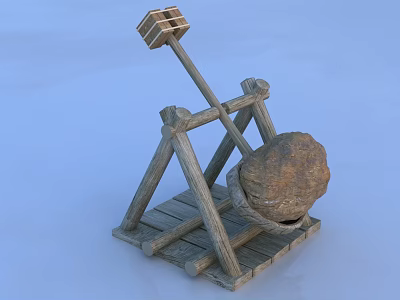 Ancient Wooden Catapult Weapon with Triangular Frame Lever and Stone Projectile 3d model