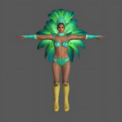 Woman in Vibrant Green Feathered Performance Costume with Blue Details and Yellow Boots 3d model