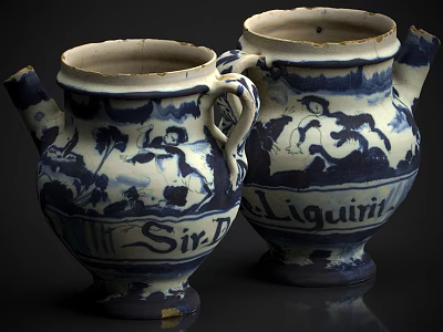 Pair of Antique Blue and White Ceramic Pitchers With Decorative Patterns Handles and Inscriptions 3d model