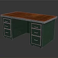 Home Office Workspace Desk With Green Cabinet And Red Wooden Top Featuring Multiple Drawers