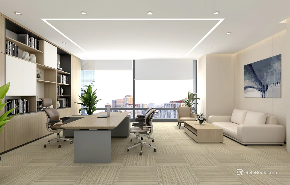 Modern Office Interior With Large Windows City View Desk Office Chairs Sofa Bookshelves And Plants 3d model
