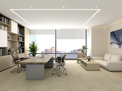 Modern Office Interior With Large Windows City View Desk Office Chairs Sofa Bookshelves And Plants 3d model