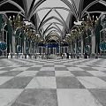 Elegant Banquet Hall Interior With Arched Ceiling Purple White Lighting And Decorative Chandeliers