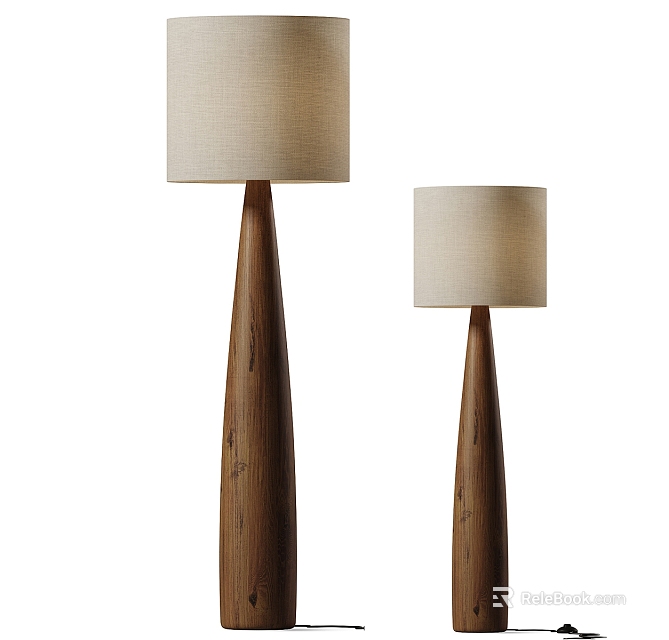 Two Modern Wooden Floor Lamps With Conical Poles And Light Linen Shades 3d model 