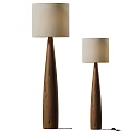 Two Modern Wooden Floor Lamps With Conical Poles And Light Linen Shades