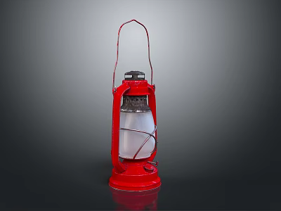 Red Kerosene Lamp With Metal Frame Glass Shade And Handle On Gray Background 3d model