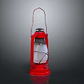 Red Kerosene Lamp With Metal Frame Glass Shade And Handle On Gray Background