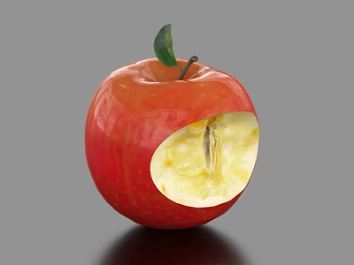 Red Apple With Green Leaf Cut Revealing Fresh Flesh And Core On Gray Background 3d model