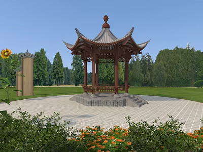 Chinese Style Pavilion In Garden With Stone Stele Flowers Trees And Grassland 3d model