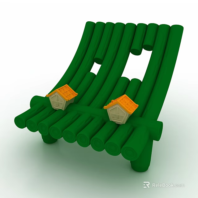 Green Two Seater Sofa With Cylindrical Strips And Small House Models With Orange Roofs 3d model 