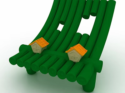 Green Two Seater Sofa With Cylindrical Strips And Small House Models With Orange Roofs 3d model