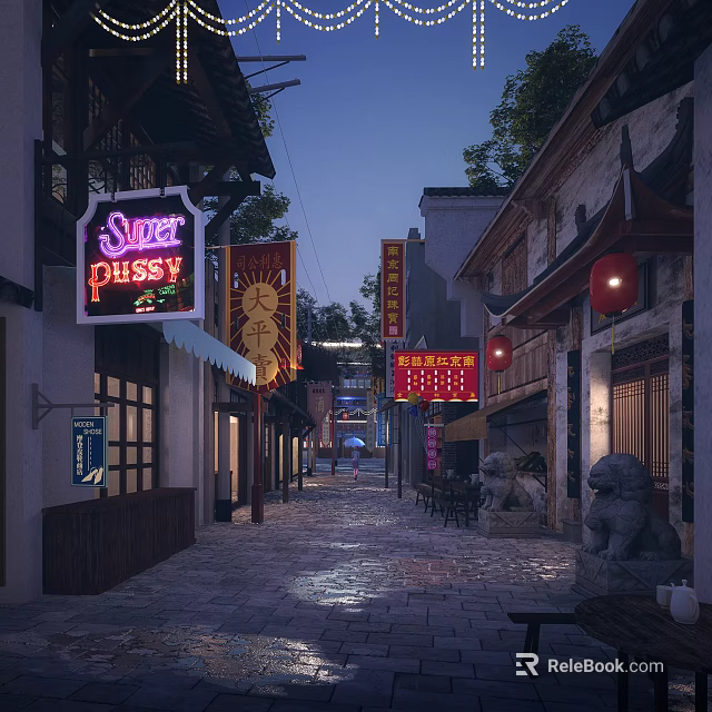 Chinese Style Commercial Street with Neon Signs Red Lanterns and Stone Lions at Night 3d model 