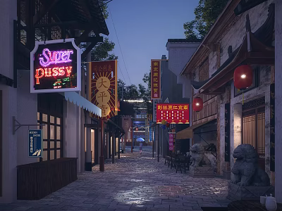 Chinese Style Commercial Street with Neon Signs Red Lanterns and Stone Lions at Night 3d model