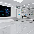 Modern Exhibition Hall Interior With White Curved Pillar Marble Floor And Display Wall