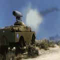 Military Tank In Desert Terrain With Rocky Landscape And Mountain Background