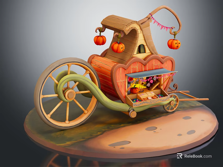 Cartoon Style Pumpkin Carriage Scene With Hanging Pumpkins Wooden Wheels Small Window And Items Inside 3d model 