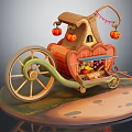 Cartoon Style Pumpkin Carriage Scene With Hanging Pumpkins Wooden Wheels Small Window And Items Inside