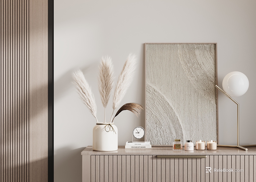 Elegant Decorative Ornament Set With Pampas Grass Artwork Lamp Clock And Candles On Wooden Cabinet 3d model 