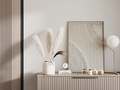 Elegant Decorative Ornament Set With Pampas Grass Artwork Lamp Clock And Candles On Wooden Cabinet 3d model