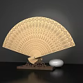 Wooden Fan Shaped Decorative Ornament Set With Carved Patterns Stand And White Spherical Accents