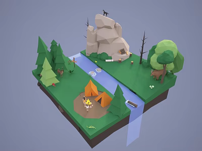 Cartoon Style Camping Scene With Green Grass Tents River Trees And Rocks 3d model