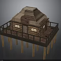 Elevated Wooden Log Cabin Structure With Deck Railing Sloped Roof And Lit Windows