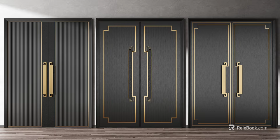 Elegant Modern Interior Design Featuring Black Double Doors With Gold Accents 3d model