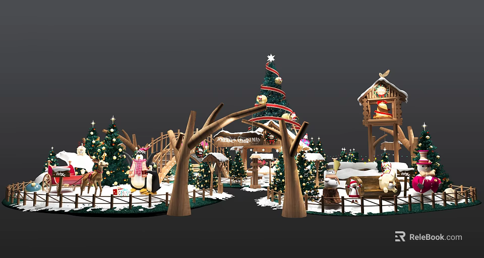 Festive Christmas Scene With Decorated Tree Snowy Cabin Reindeer Snowman And Wooden Arch 3d model 