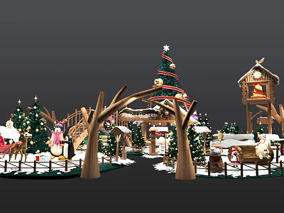 Festive Christmas Scene With Decorated Tree Snowy Cabin Reindeer Snowman And Wooden Arch 3d model