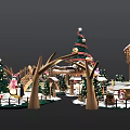 Festive Christmas Scene With Decorated Tree Snowy Cabin Reindeer Snowman And Wooden Arch