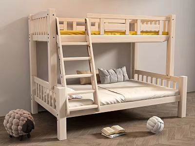 Wooden Bunk Bed in Kids Room with Yellow Upper Mattress Gray Pillows White Lower Mattress 3d model