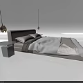 Minimalist Double Bed Design With Light Gray Headboard White Sheets And Gold Pendant Lights