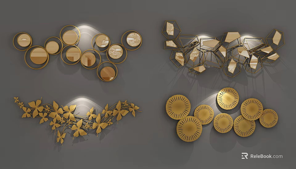 Golden Circular And Geometric Wall Decor With Leaf And Floral Patterns 3d model