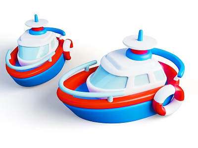 Two Colorful Toy Boats with Blue Red White Helicopter Propeller and Lifebuoy for Children's Play 3d model