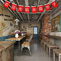 Vintage Restaurant Interior With Red Banners Wooden Tables And Wall Posters