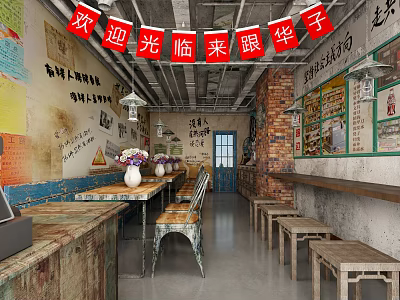 Vintage Restaurant Interior With Red Banners Wooden Tables And Wall Posters 3d model