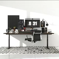 Desk Setup with Dual Monitors Keyboard Mouse Lamp Plants and Black Chair on Checkered Rug