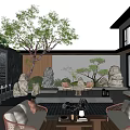 Serene Garden Courtyard With Trees Rocks Green Plants Outdoor Sofas Coffee Table And Water Feature