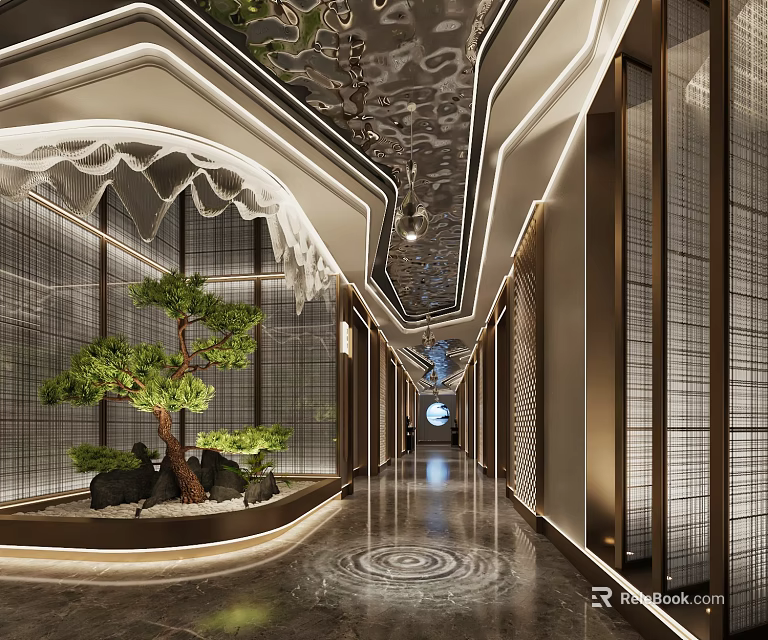 Luxurious Elevator Corridor With Modern Lighting And Greenery 3d model 