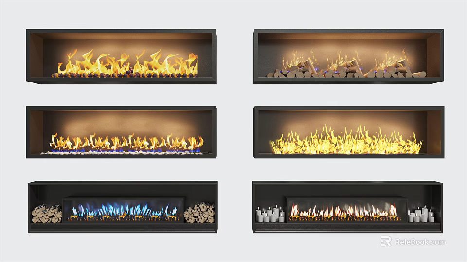 Modern Fireplace Styles With Various Flame Effects For Home Interior Design 3d model 