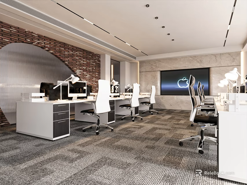 Modern Office Interior With Open Layout Brick Wall Curved Design Desks Computers And Projection Screen 3d model 