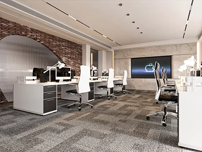 Modern Office Interior With Open Layout Brick Wall Curved Design Desks Computers And Projection Screen 3d model