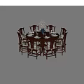 Traditional Round Dining Table Set With Eight Wooden Chairs And Tableware Vase 3d model
