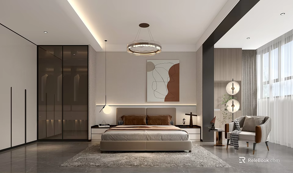 Modern Bedroom Interior With Platform Bed Abstract Painting And Pendant Light 3d model 
