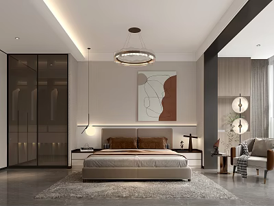 Modern Bedroom Interior With Platform Bed Abstract Painting And Pendant Light 3d model