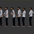 Men In Blue Shirts And Dark Pants Posing With Different Gestures Against Gray Background