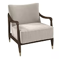 Modern Beige Upholstered Accent Chair With Dark Wood Arms And Metal Legs Design