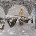 Elegant Restaurant Interior With Tableware Display Shelves Fresh Fruits Warm Lighting And Polished Countertops
