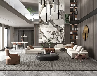 Modern Duplex Living Room Living Room Sofa Coffee Table Combination Multiplayer Sofa Chandelier 3d model