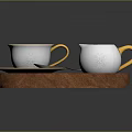 Decorative White Teacup And Milk Jug With Gold Trim On Wooden Tray Including Silver Spoon